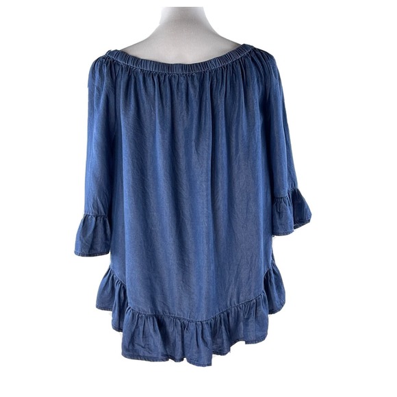 Jane And Delany Blue Denim Off Shoulder High Low 3/4 Bell Sleeve Top Womens M - Picture 6 of 10